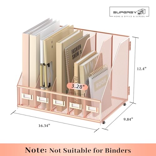 SUPEASY Desk Organizers Metal Desk Magazine File Holder with 5 Vertical Compartments Rack File Organizer for Office Desktop, Home Workspace, Rose Gold - color: Rose Gold, size: Small