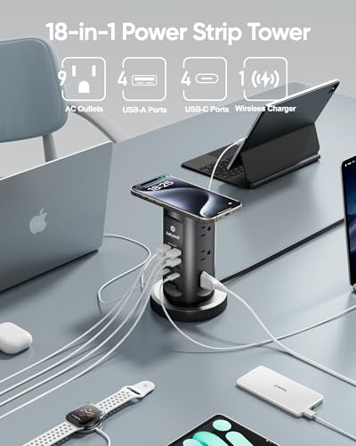 Kakyanill 30W USB Charging Station, Power Strip Tower with 9 AC 8 USB - color: Black&Grey
