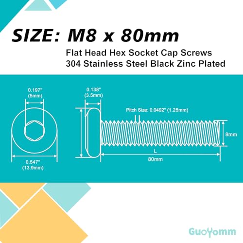 M8 x 80mm 8Pcs Flat Head Hex Socket Cap Screws, 304 Stainless Steel 18-8, Black Zinc Plated, Connection Furniture Bolts, Full Thread - size: M8 x 80mm(10PCS)