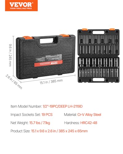 VEVOR Impact Socket Set 1/2 Inches 19 Piece, Deep Socket, 6-Point Sockets, Rugged Construction, Cr-V, 1/2 Inches Drive Socket Set Impact 3/8 inch - 1-1/2 inch, with a Storage Cage - size: 1/2" 19PCS Deep