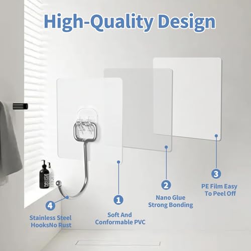 Adhesive Wall Hooks for Hanging - 60lb Heavy Duty Waterproof & Rustproof, Sticky Hooks for Walls No Damage, Kitchen/Bathroom/Rental (Ganchos para Pared) 10-Pack - color: transparency