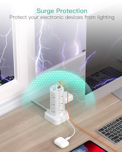 Power Strips with Surge Protection, Flat Plug Power Strip Tower - color: White, size: 6 FT