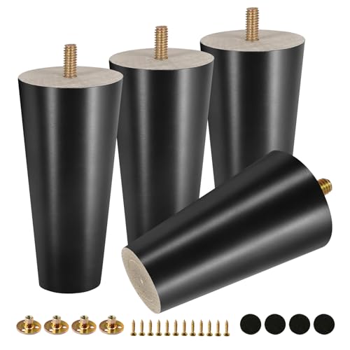 FoDau770 Rubber Wood Legs 5", Straight Taper, 5/16"-18 Thread, Black, 4pcs | Wood Couch legs - Mid Century Sofa Legs - Furniture legs Replacement for Cabinet Dresser Chair Ottoman - color: Black, size: 5 Inch - Straight (90°)