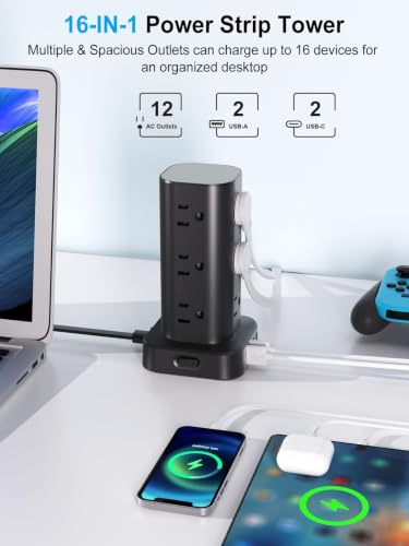 6FT Power Strip Tower Surge Protector, 12 Wide Spaced Outlets, 4 USB - color: Black, size: 6FT without Wireless Charging