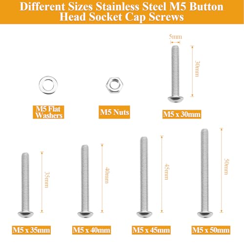 105 Pieces M5 x 30/35/40/45/50mm Button Head Socket Cap Screws Nuts Washers Set Silver, Sutemribor M5 Long Screws, M5 Stainless Screws Nuts Washers Assortment Kit, 304 Stainless Steel, Fully Threaded - size: M5 Long Screws Kit, style: Button Head