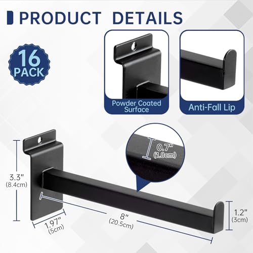 16 Pack Heavy Duty Tube Slatwall Shelf Brackets, Metal Tubular Slat Wall Brackets with Lip, Slatwall Accessories for Garage, Retail, and Home Storage - size: 8 Inch, style: Black