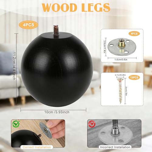 4 Inch Wooden Sofa Legs of 4 Wood Furniture Legs Couch Feet Replacement Sofa Furniture Replacement Sofa Legs Replacement for Sofa Couch Chair Cabinet Dresser Ottoman Bed Riser, 4 Pack - color: Black