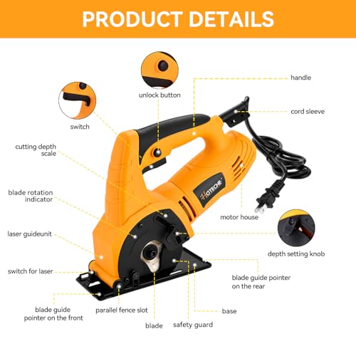 Hoteche 3-3/8-Inch Mini Circular Saw 5A Multifunctional Portable Saw with 3pcs Blades for Metal, Wood and Tile Cutting - size: 3-3/8-Inch 600W