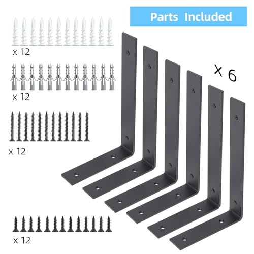 6-Pack Heavy Duty 12-Inch Black Shelf Brackets, L Shelf Bracket 12 Inch for Floating Shelves, 1/5-Inch Thick - color: Black 6Pack, size: 12 Inch