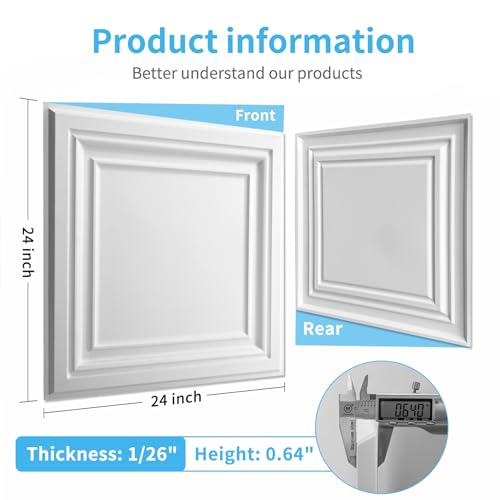 Art3d PVC Ceiling Tiles, 3D Plastic Sheet in White, 2 x 2 ft, 12-Pack - color: White 1, size: 24"x24"
