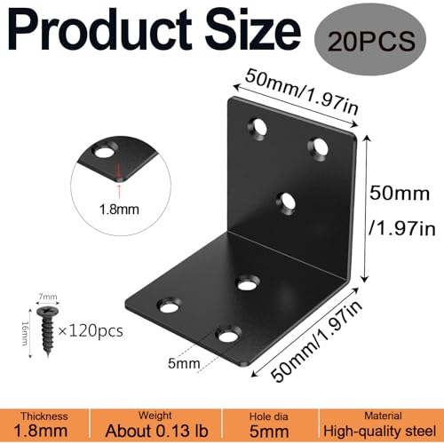 20 Pcs Black Angle Brackets 2"x2"x2" Stainless Steel L Bracket with 120pcs Screws, Heavy Duty Metal Corner Brace 90 Degree Right Angle Corner Bracket for Wood Furniture Frame Bookshelf - size: 2Inch Black Right Angle