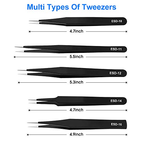 10 Piece Precision Tweezers Set, ESD Stainless Steel for Electronics Repair