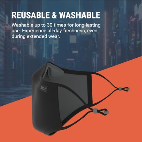 AIR+ Reusable Face Mask, Multi-Layer, Washable, Breathable, for Men & Women, Anti-fog for Glasses, Adjustable Ear Loops - color: Black/Medium