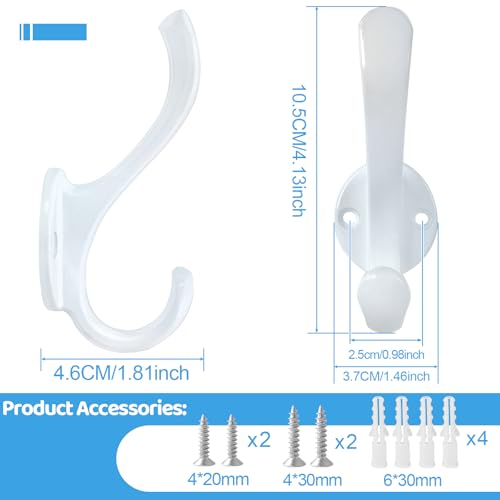 4 Pack Coat Hooks Wall Mount Heavy Duty Utility Retro Double Hooks for Hanging Coats,Hat, Towel, Key, Robe, Scarf, Bag, Cap (White) - color: 4 Pack-White