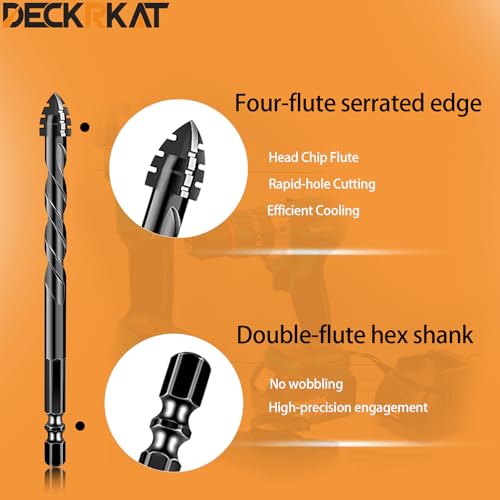 DECKRKAT Upgraded 5-Piece 3/8 Inch Black 4-Flute Serrated Masonry Drill Bits - Concrete, Tile, Glass, Brick, Ceramic, Plastic, Wood - size: 5 Piece 3/8", style: 4-Flute Serrated Drill Bit