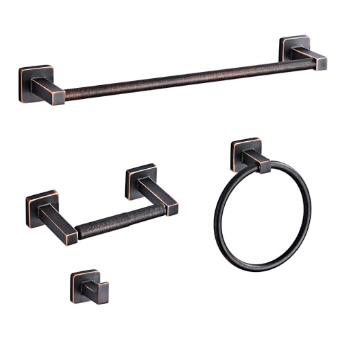 Bathroom Hardware Set 4 Pieces,Oil Rubbed Bronze Towel Bar Set Stainless Steel Wall Mounted, Includes 16In Hand Towel Bar, Towel Ring, Robe Towel Hooks,Toilet Paper Holder, Bathroom Towel Rack Set - color: Oil Rubbed Bronze-4pcs, size: 16Inch