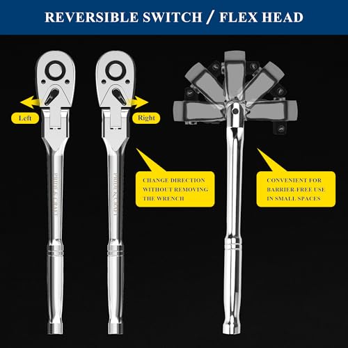 PRIDE&CRAFT 4-Piece Flex Head Ratchet Set, 1/4", 3/8", 1/2" Drive, 3/8" Stubby, 72-Tooth, Socket Wrench Quick Release Reversible Design, Swivel Head Ratchet, Chrome Alloy Made, EVA Organizer - style: 4pc Flex Head