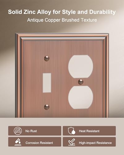 2-Pack Zinc Alloy Combo Toggle/Duplex Light Switch Cover Plate - color: Antique Copper, size: 1 Toggle/1 Duplex 2PK
