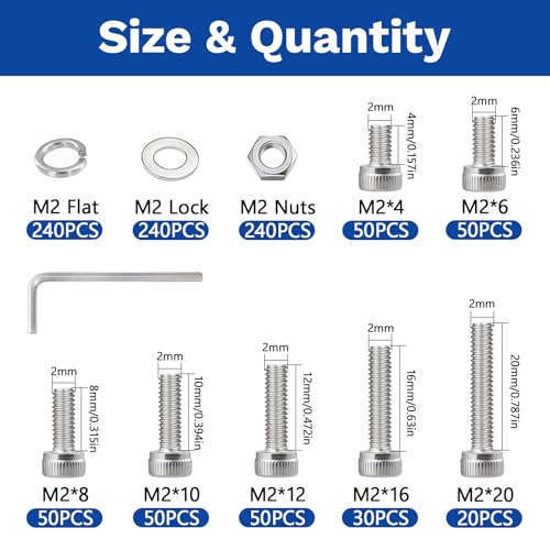 1020Pcs M2 304 Stainless Steel Hex Socket Cap Bolt & Nut Set - size: M2x4/6/8/12/10/16/20-1020Pcs