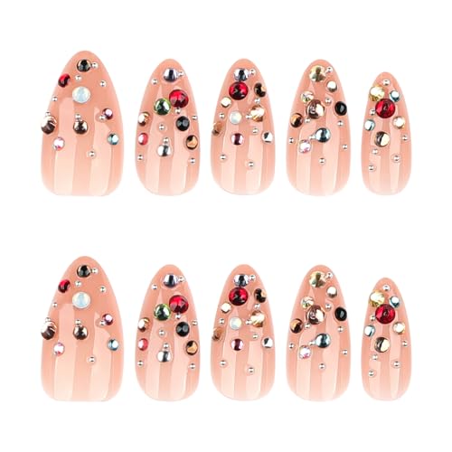 Mivota Press On Nails Almond Medium with Rhinestones, Nude Acrylic Fake Nails 24PCS, Glossy Crystal Stick On Nails, Reusable Glue On Nails Kit with Tools, Sparkly Luxury Party Nails for Women - color: 3D-75-Nude
