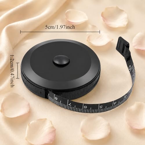 Retractable Soft Tape Measure 2 Pack, Dual Scale for Body Sewing | Black retractable tape with cm/inch scales, 5.2cm diameter, ABS case and PVC tape for sewing and crafting - color: Black