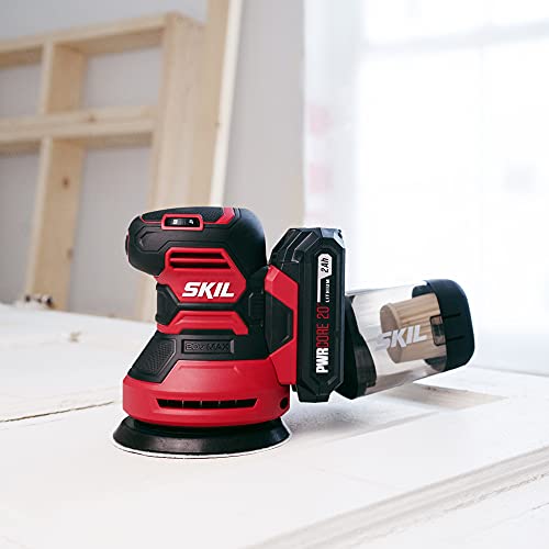 SKIL PWRCore 20 20V Brushed 5" Random Orbital Sander, Variable Speed, Includes 3pc Sandpaper, Dust Box, 2.0Ah Battery and Charger - SR6604B-10 - style: 20V Sander Kit