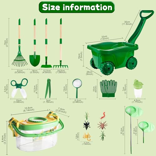Kids Gardening Tools and Bug Catcher Kit with Wheelbarrow Sets, Ages 2 3+ | Shovel, Rake, Bug Catcher Kit, Summer Outdoor Yard Digging Weed Tools, Easter Birthday Gift for Boys Girls, Green - color: Green-18pcs
