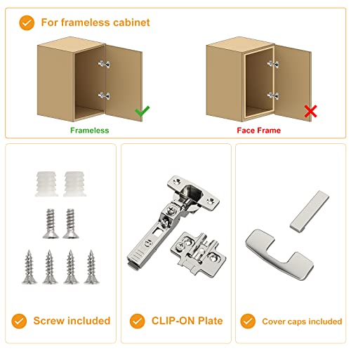 Chibery 10 Pack Frameless Half Overlay Soft Close Concealed European Hinges, Self Closing Satin Nickel, 105 ° Open Angle 4D Adjustment, Speed Control, Clip On, Stainless Steel for Cabinet Door - size: Half Overlay