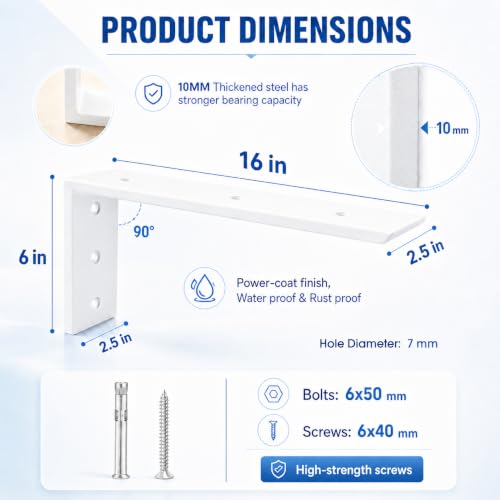 WINKER Countertop Support Bracket 2 Pack Heavy Duty 3/8" Thick Hidden L Shelf Bracket 16" x 6" x 2.5" Metal Corbels for Quartz/Granite/Wood/Concrete/Laminate Countertops, White - size: 16″x6″x2.5″-3/8" thick, style: White-2Pack