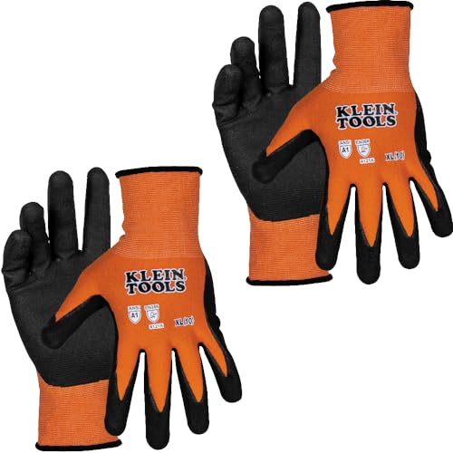 KLEIN TOOLS 60582 Work Gloves, Knit Dipped Cut Resistant ANSI A1 Nitrile Coated Gloves, Nylon-Spandex, Touchscreen Capable, X-Large, 2-Pair - size: X-Large, style: 2-pair Pack