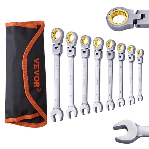 VEVOR Flex-Head Ratcheting Wrench Set, Nickel Plating, 8-piece Flexible Ratcheting Combination Wrench Set with Roll-up Pouch, CR-V, 72 Teeth, Metric 8-17mm - size: 8PCS (Metric), style: Flex-head
