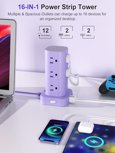 6FT Power Strip Tower Surge Protector, 12 Wide Spaced Outlets, 4 USB - color: Purple, size: 6FT without Wireless Charging