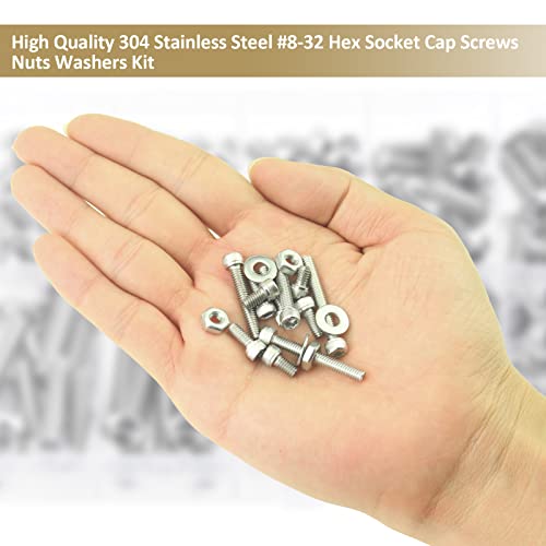 202 Pieces #8-32 x 1/4", 5/16", 3/8", 1/2", 5/8", 3/4", 1", 1-1/4", Hex Socket Head Cap Screws Nuts Washers Assortment Kit, 304 Stainless Steel, Fully Machine Thread - size: #8-32, style: Socket Head