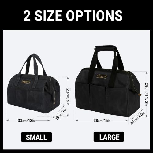 Tool Bag with Zipper, Heavy Duty 16oz Waxed Canvas Wide Mouth Tool Tote Bag, 13-inch Muti-Purpose Storage Tool Pouch with Side Pockets - color: Black, size: 13 Inch