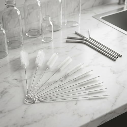 8-Inch Nylon Straw Cleaning Brushes, 10-Pack, Flexible Stainless-Steel Wire Tube Brushes, Non-Scratch and Rust-Resistant, for Reusable Straws, Bottles and Narrow Tubes