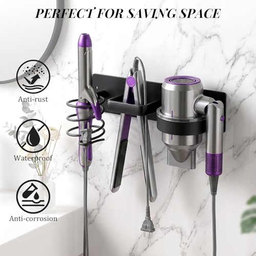Blow Dryer Holder Wall Mounted – 3-in-1 Hair Tool Organizer Wall Mount, Curling Iron & Flat Iron Storage Rack | No-Drill or Screw-In | Fits Most Styling Tools | Space-Saving Bathroom Organizer - style: Black Circle style