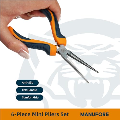 MANUFORE 6-Piece Mini Pliers Set — Needle Nose, Long Nose, Diagonal, Flat Nose, End Cutting & Linesman Pliers for Precision DIY, Electronics Repair, Jewelry Making & Crafting