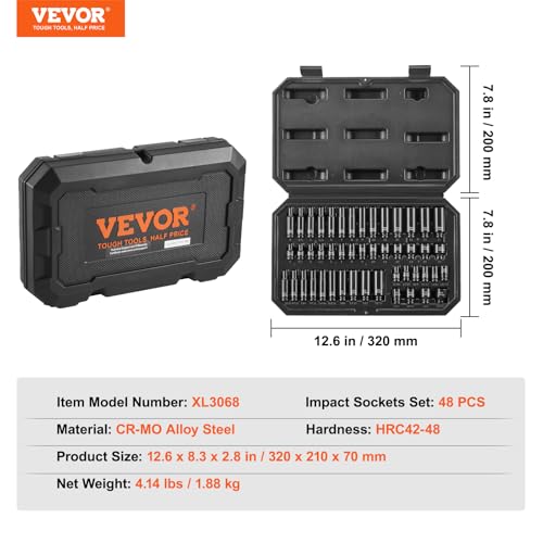 VEVOR Drive Impact Socket Set 1/4" - 48 Piece Deep & Shallow Socket Set SAE 3/16"-9/16" and Metric 4-15mm - 6 Point Cr-Mo Alloy Steel for Auto Repair - Easy-to-Read Size Markings Storage Case - size: 1/4" 48 PCS CR-MO