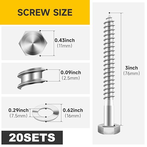 (20Sets) 1/4" x 3" Hex Head Lag Bolts, Heavy Duty Lag Screws with Washers, 304 Stainless Steel Bolts 18-8, Lag Screws Wood Screws, Partial Thread Bright Finish, 1/4 Bolt by Mywish - size: 1/4 x 3" (20 set)