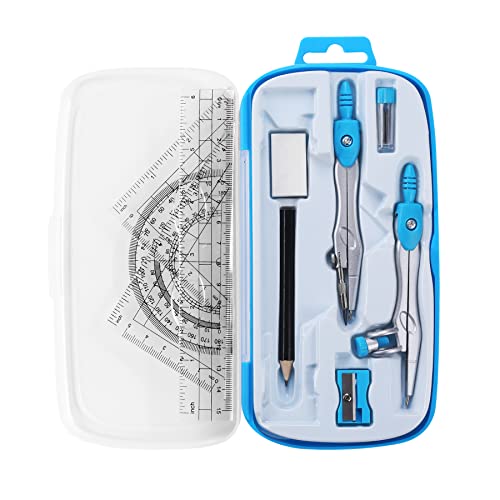 Unjoo Math Geometry Set 10 Pcs, Compass and Protractor for Students(Blue) - color: Blue