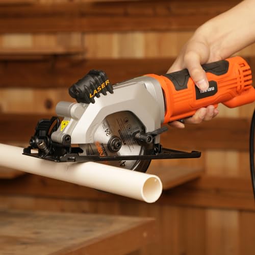 Yunirvana 4Amp 3500RPM Mini Circular Saw with Laser Guide, Vacuum Adapter, Blade Wrench and Rip Guide, Max. Cutting Depth1-5/8"(90°), 1-1/10"(45°）Compact Saw with 2 pcs 4-1/2" 24T TCT Blades - style: 4A Circular Saw