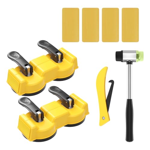 2-PCS Floor Gap Fixer Tool Kit, Dual Head Double Suction Cups with Mallet & 4 Pads for Laminate Vinyl Hardwood Floor Installation Repair Tile, 2 Way Striking Design for Tight Spaces