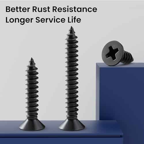 100PCS Wood Screws 1-1/2 Inch, #6 x 1-1/2" Black Screws, Black Dacromet Flat Head Phillips Self Tapping Suitable for Furniture, Woodworking - size: 6 x 1-1/2"