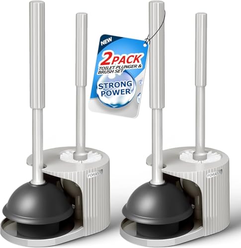FORASTO 2Pack 2 in 1 Toilet Plunger and Brush Set,Extended Handle Plunger,Toilet Bowl Brush Plunger Set,Bathroom Cleaning Tools,Cleaning Brush,Toilet Brush Plunger Combo,Cream Grey（21inch） - color: Cream Grey, size: 2Pack