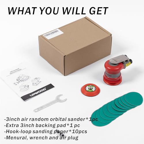Pneumatic random orbital sander 3-inch light weight palm sander 3/32" (2.5 mm) diameter orbit 12000 RPM with extra backing pad and 12pcs sandpaper - style: 3in Non-Vacuum