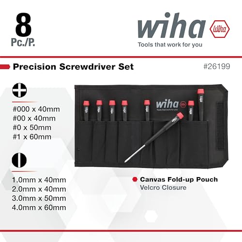 Wiha 26199 Slotted and Phillips Screwdriver Set in Rugged Canvas Pouch, 8 Piece