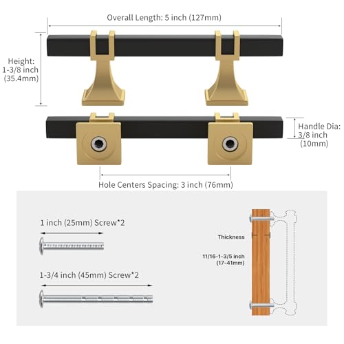 10 Pack 3 Inch Black & Gold Cabinet Pulls - Modern Kitchen Cabinet Hardware - color: Black & Matte Gold, size: 3 inch (76mm) Hole Center Pull
