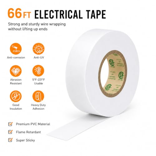 3/4" x 66ft White Electrical Tape, V-0 Flame Retardant, 600V Rated - color: White
