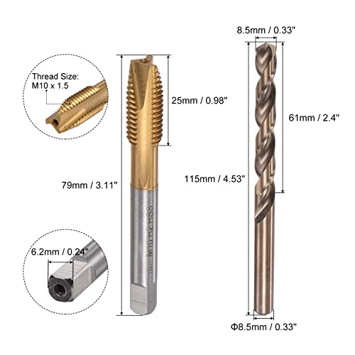 uxcell M10 x 1.5 Spiral Point Thread Tap and 8.5mm Drill Bit Set, Metric Titanium Plated Cobalt High Speed Steel Machine Screw Thread Tap Threading Tool - size: M10 x 1.5 + 8.5mm