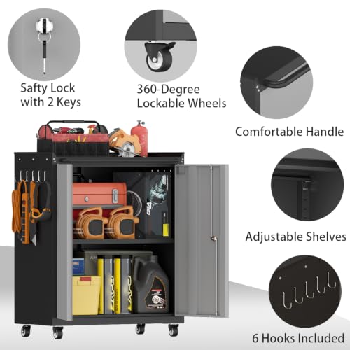 Metal Garage Storage Cabinet with Wheels, Lockable Rolling Tool Cabinet - color: Blackgrey, size: 26" W × 14" D × 31.88" H